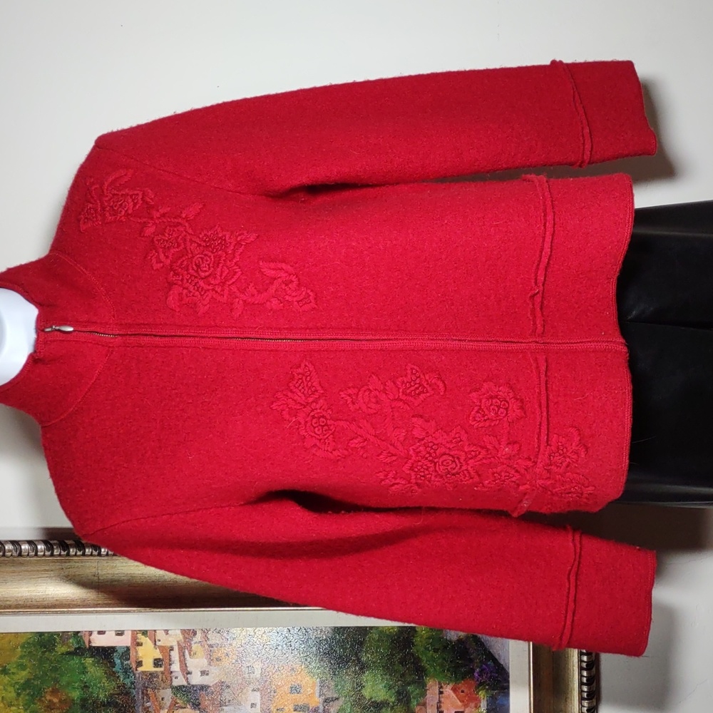 Coldwater Creek Red Zip-Front Wool Jacket with Floral Appliqué